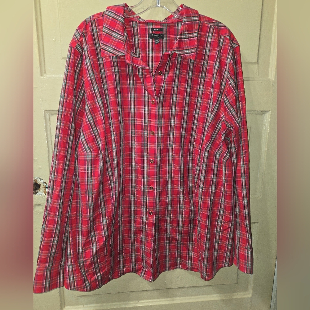 Talbots Non-Iron The Perfect Shirt Holiday Plaid Metallic Striped Button Down